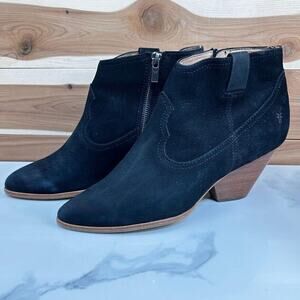 FRYE Women's Reina Black Suede Leather Bootie Side Zipper Stacked Heels sz 8.5 M